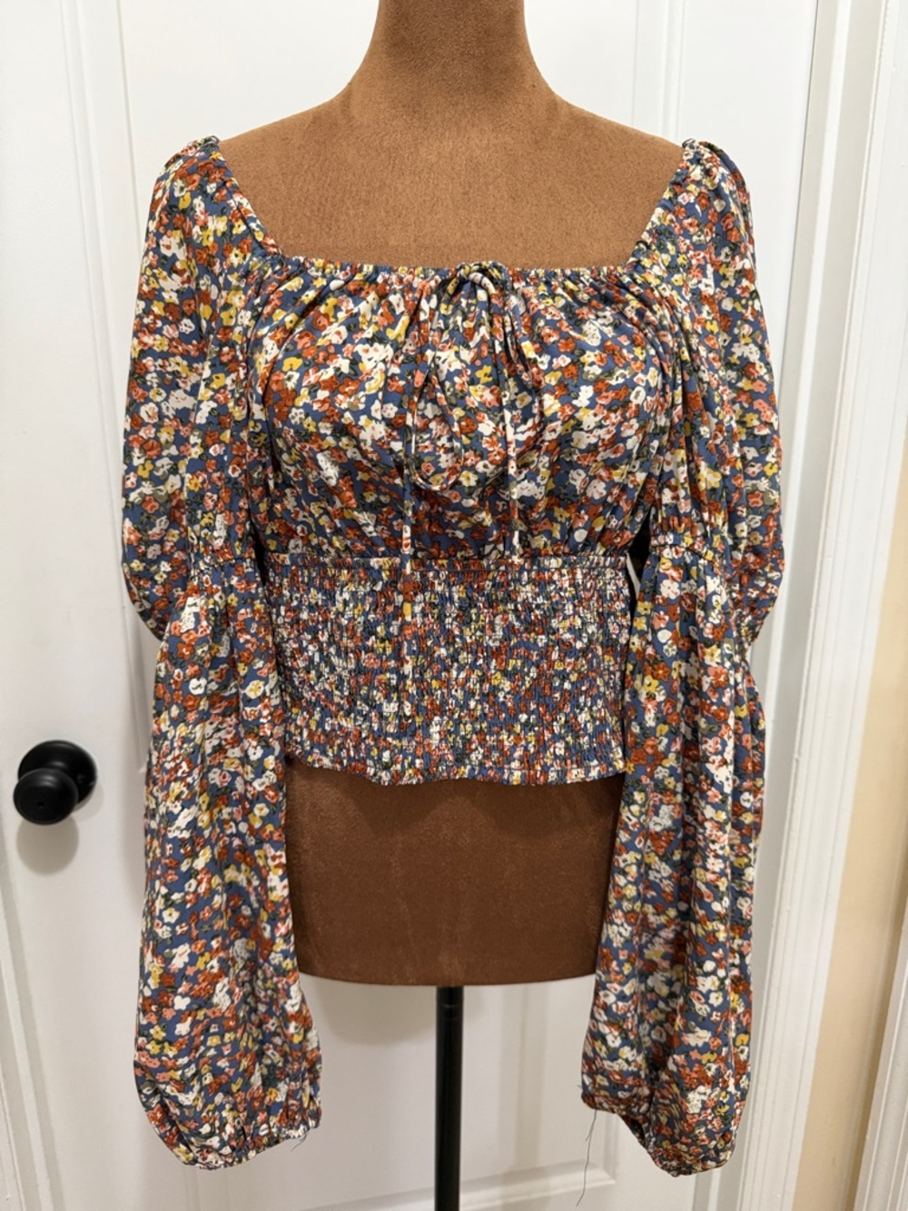 ARULA Rust Floral Smocked Square-Neck Cropped Blouse